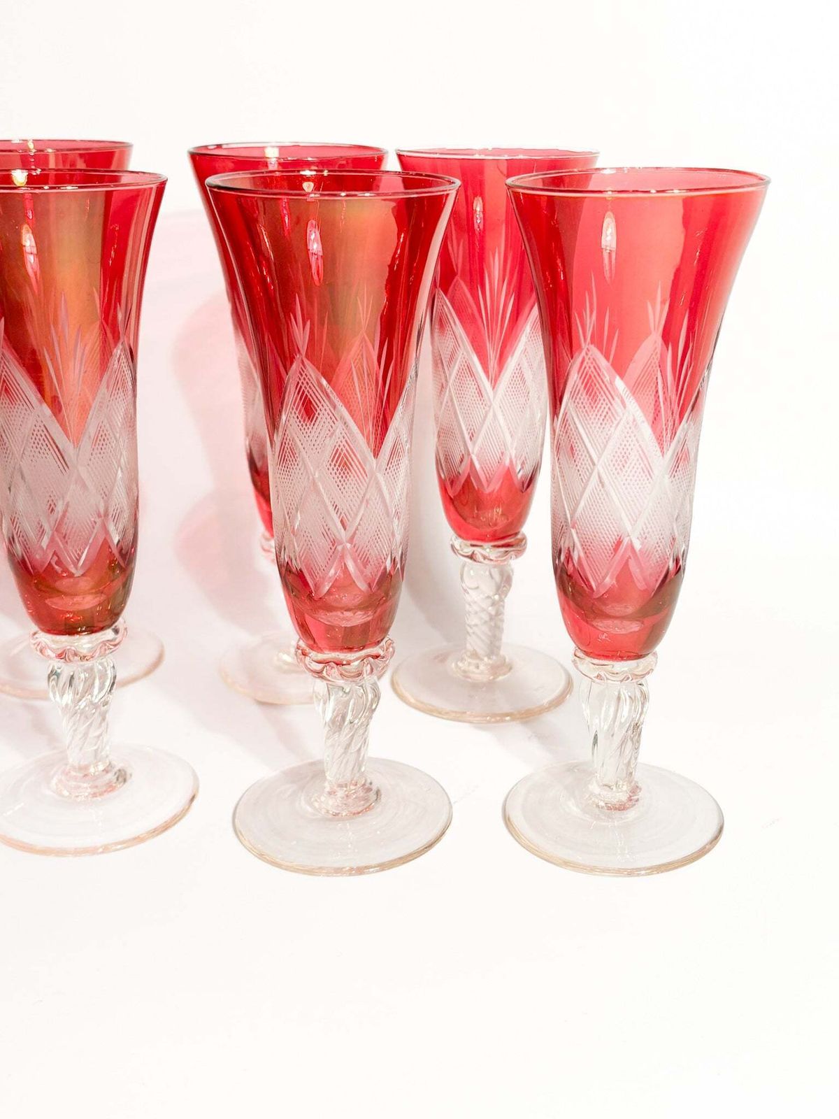 Set Of 6 Red Bohemian Crystal Flute Glasses From The 70s photo for sale