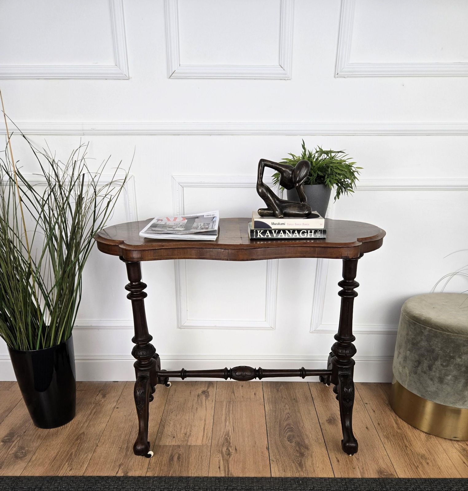 Neoclassical Italian Burl Walnut Wood Coffee Side Table Cart photo furniture