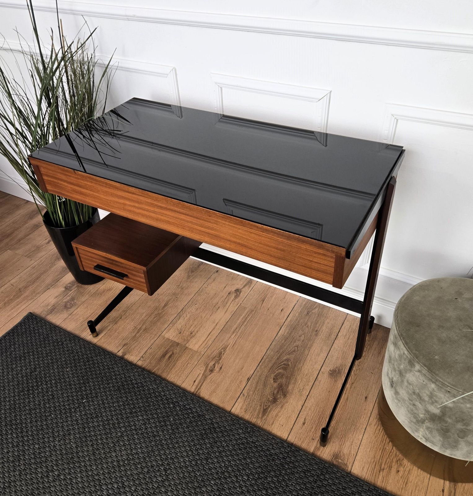 1940s Art Deco Mid Century Italian Metal Wood Glass Writing Desk Console Table photo vinterior