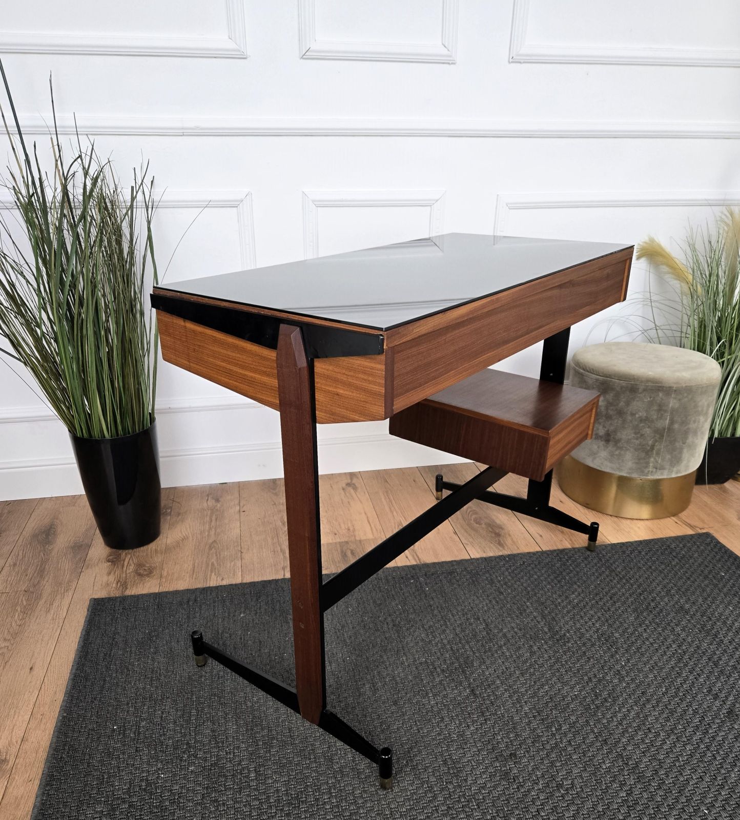 1940s Art Deco Mid Century Italian Metal Wood Glass Writing Desk Console Table photo vintage