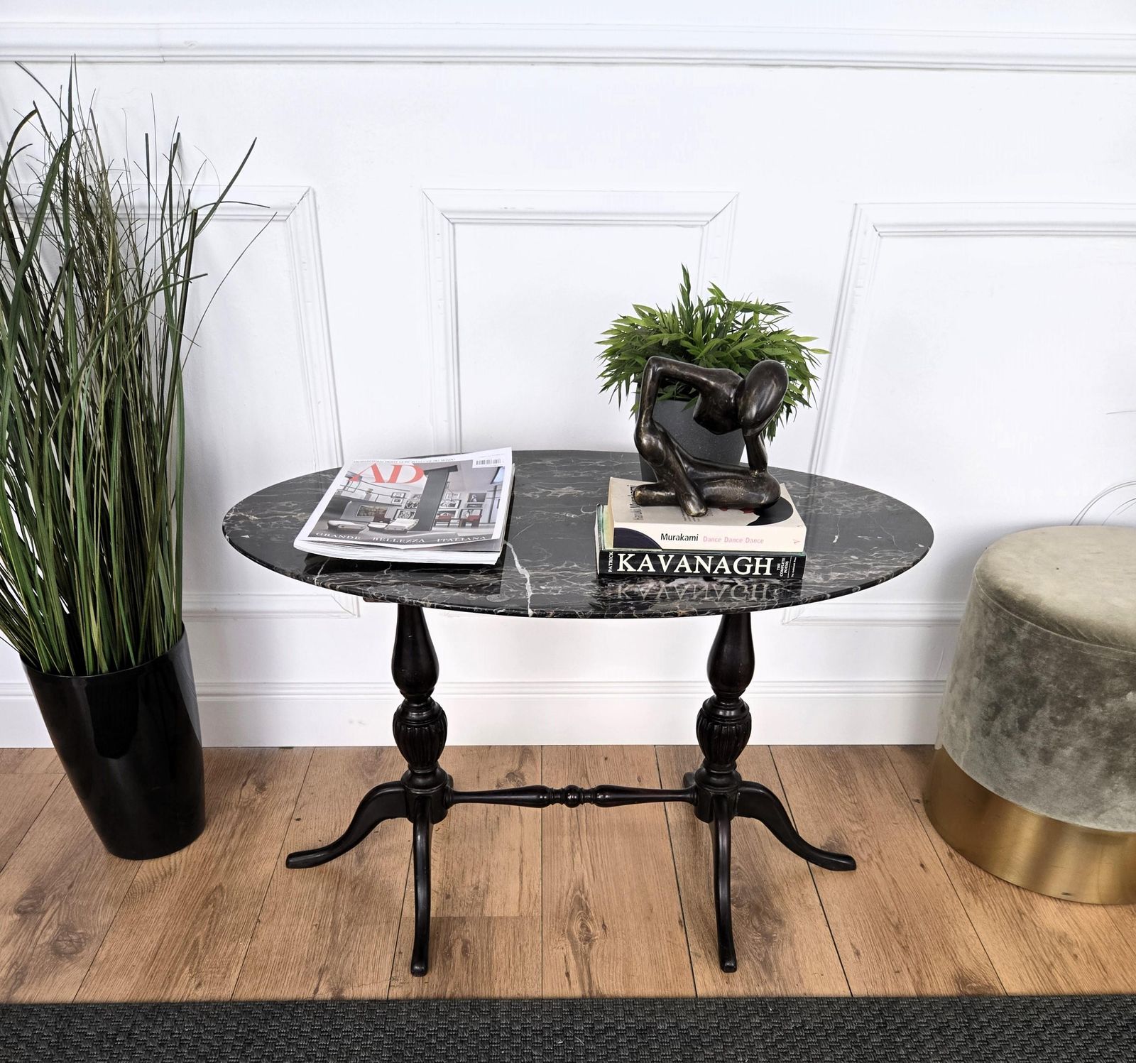 Italian Carved Walnut Side Coffee Table With Oval Portoro Marble Top photo furniture