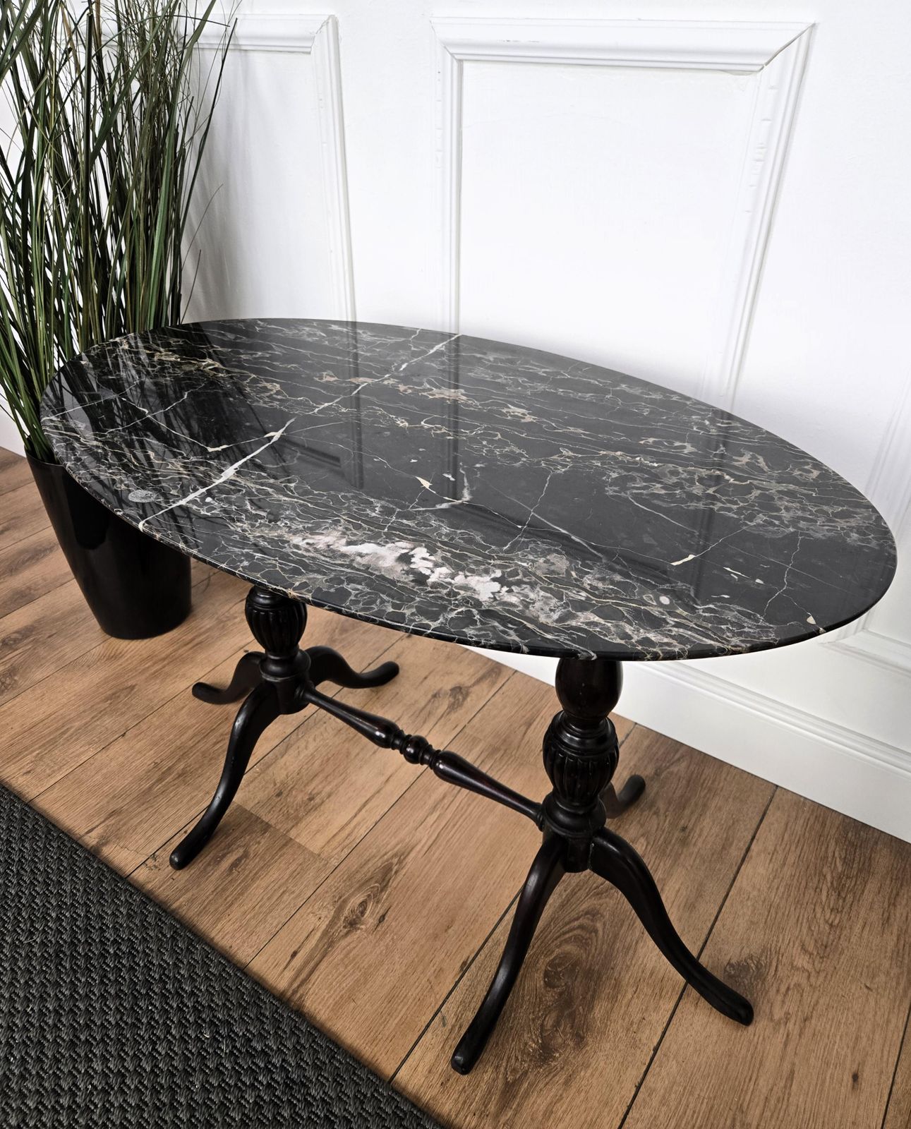 Italian Carved Walnut Side Coffee Table With Oval Portoro Marble Top photo 1452.0