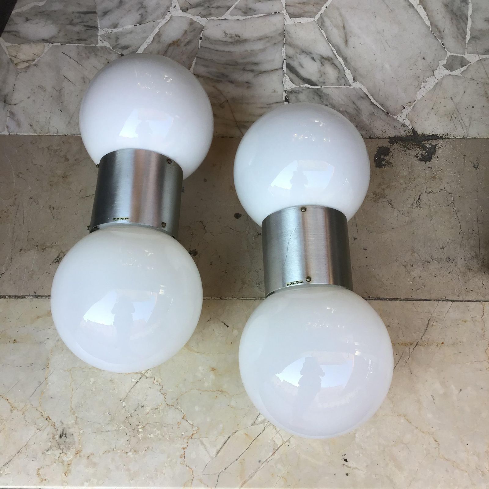 Stilux Couple Sconces Glass  Metal Crome 1958 Italy photo furniture