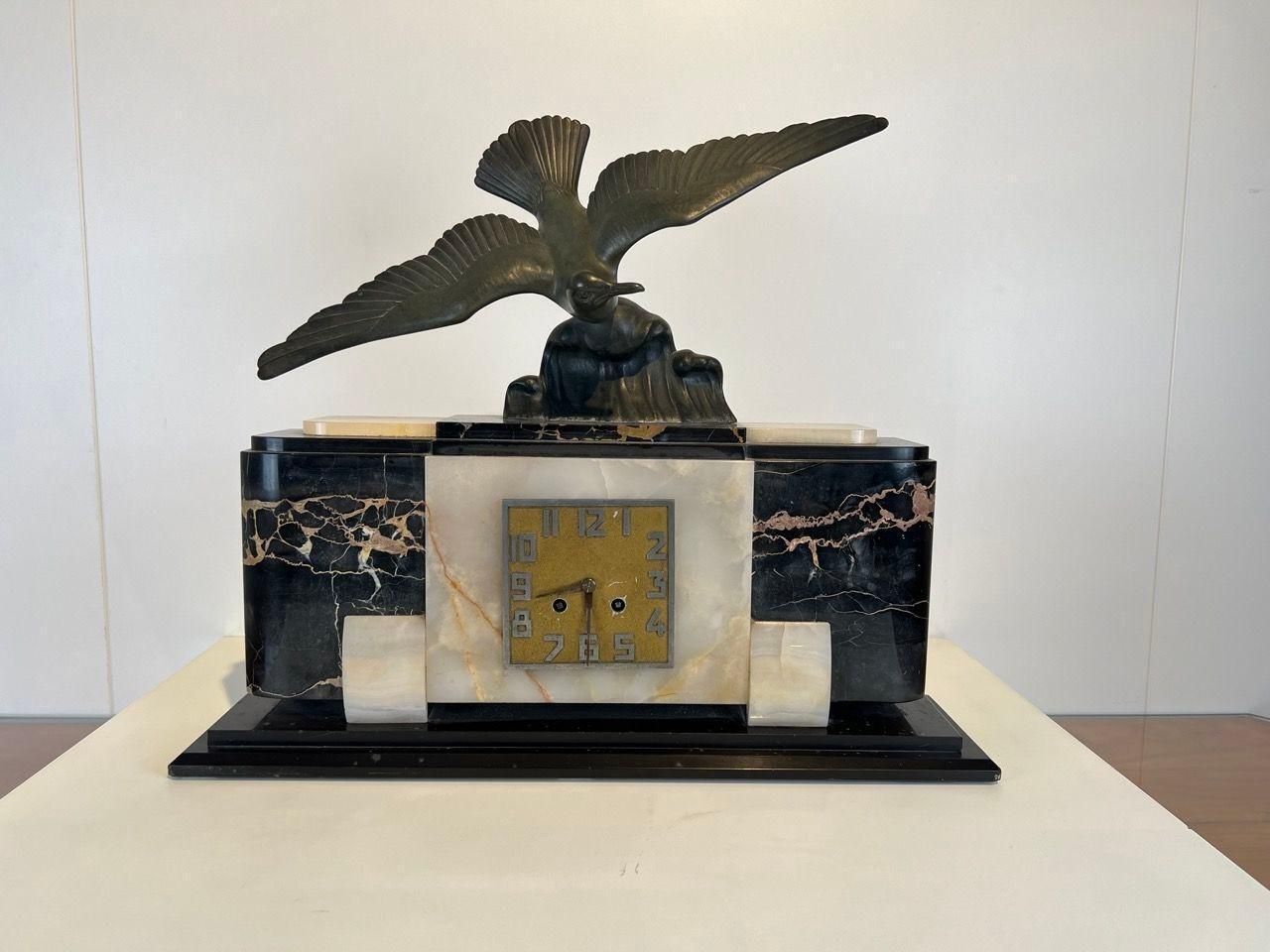 Art Deco Mantel Clock With Bird Sculpture, Marble, France Circa 1930 photo 1127.84