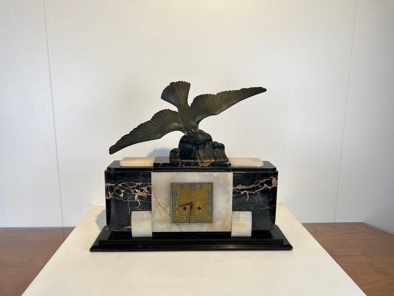 Art Deco Mantel Clock With Bird Sculpture, Marble, France Circa 1930 photo vinterior