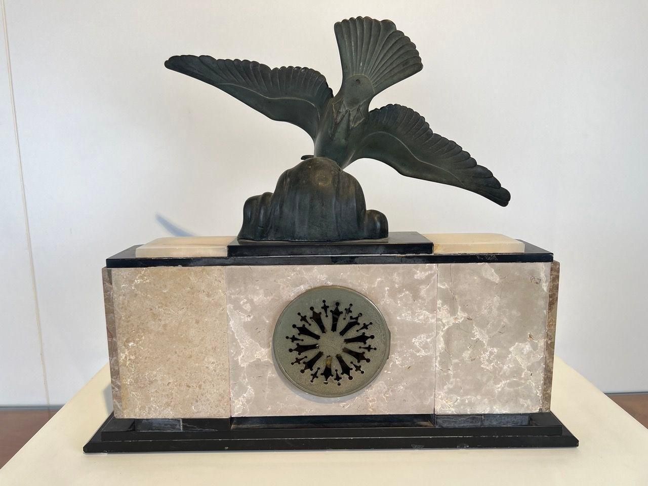 1127.84 Art Deco Mantel Clock With Bird Sculpture, Marble, France Circa 1930 photo