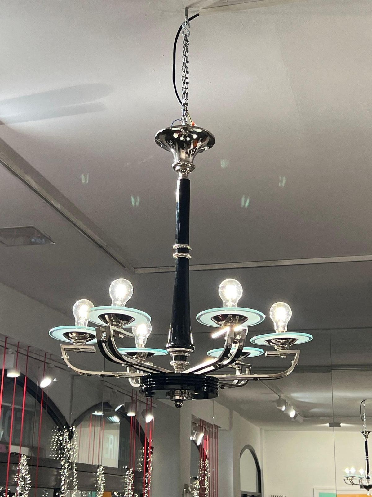 Art Deco Chandelier, Black Lacquer, Chrome, Glass, France Circa 1930 photo furniture