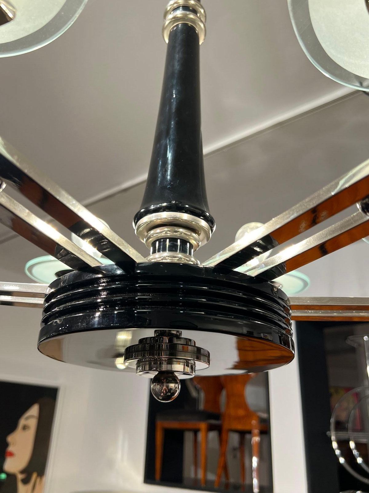 Art Deco Chandelier, Black Lacquer, Chrome, Glass, France Circa 1930 photo vinterior