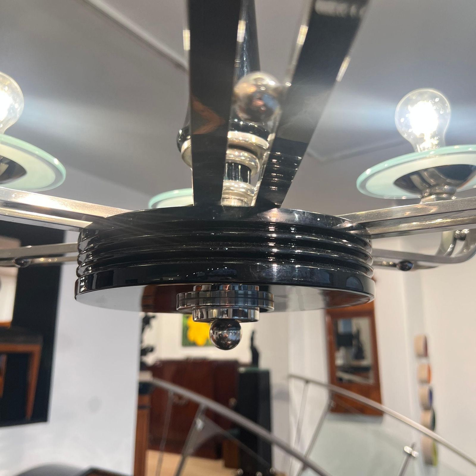Art Deco Chandelier, Black Lacquer, Chrome, Glass, France Circa 1930 photo buy