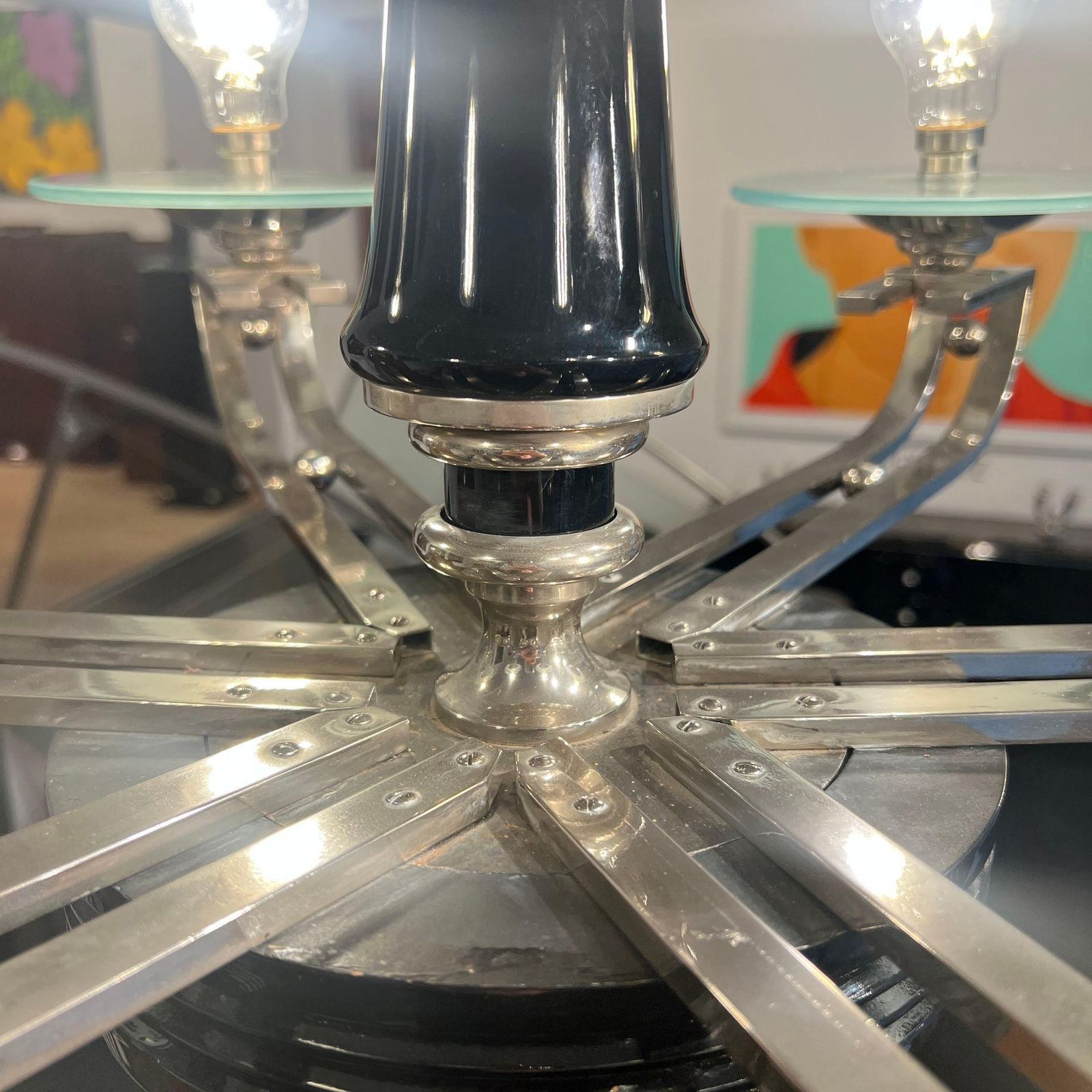 Lighting Art Deco Chandelier, Black Lacquer, Chrome, Glass, France Circa 1930 photo