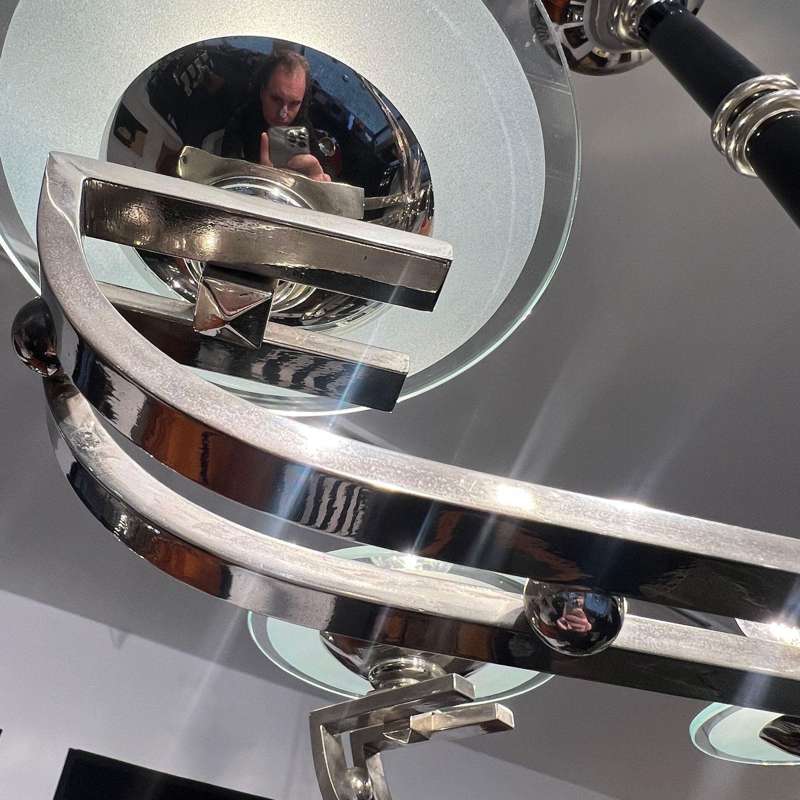 photo vinterior Art Deco Chandelier, Black Lacquer, Chrome, Glass, France Circa 1930