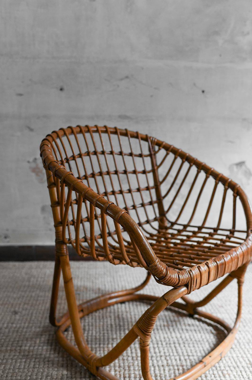 Set Of 4 Woven Bamboo Armchairs In The Style Of Tito Agnoli, 1970s photo vintage
