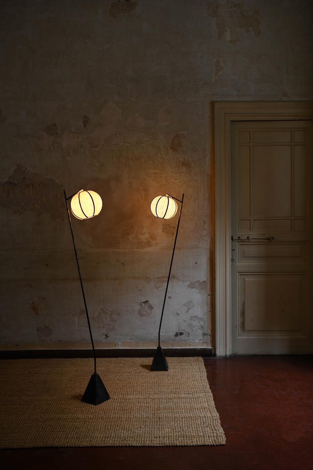 Pair Of “Lanterna” Floor Lamps With Iron Frame And Spherical Fabric Lampshade photo for sale