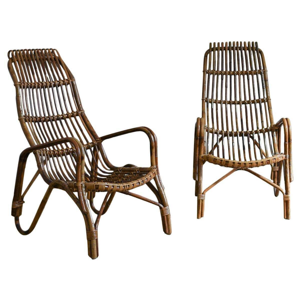 Pair Of High Back Bamboo Armchairs, 1960s