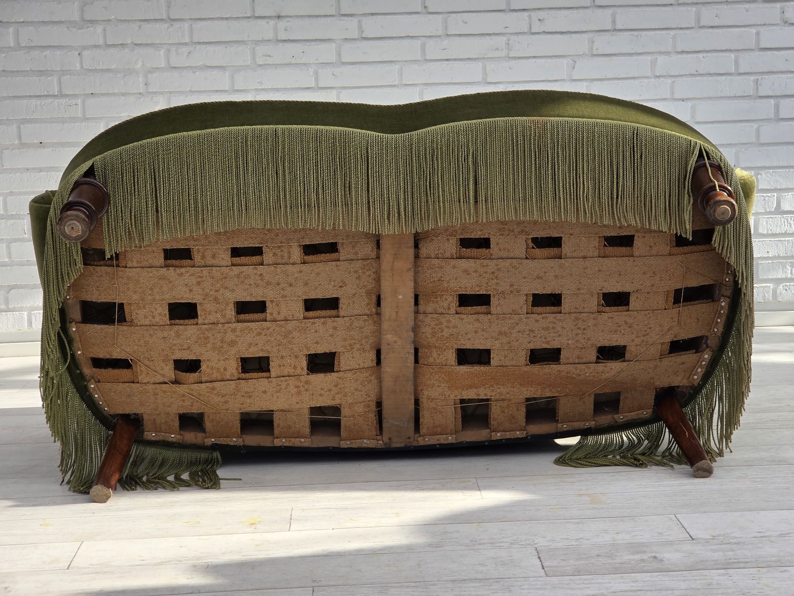 1960s, Danish 2 Seater Sofa, Original Green Furniture Velour, Beech Wood Legs. photo buy