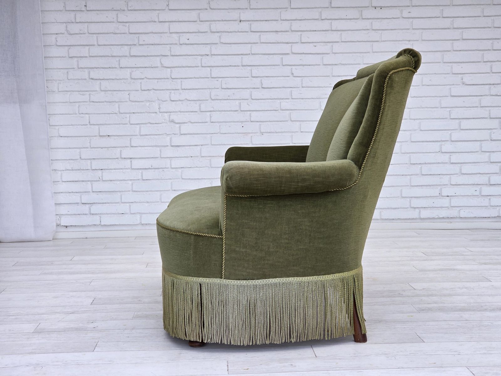 1960s, Danish 2 Seater Sofa, Original Green Furniture Velour, Beech Wood Legs. photo vintage