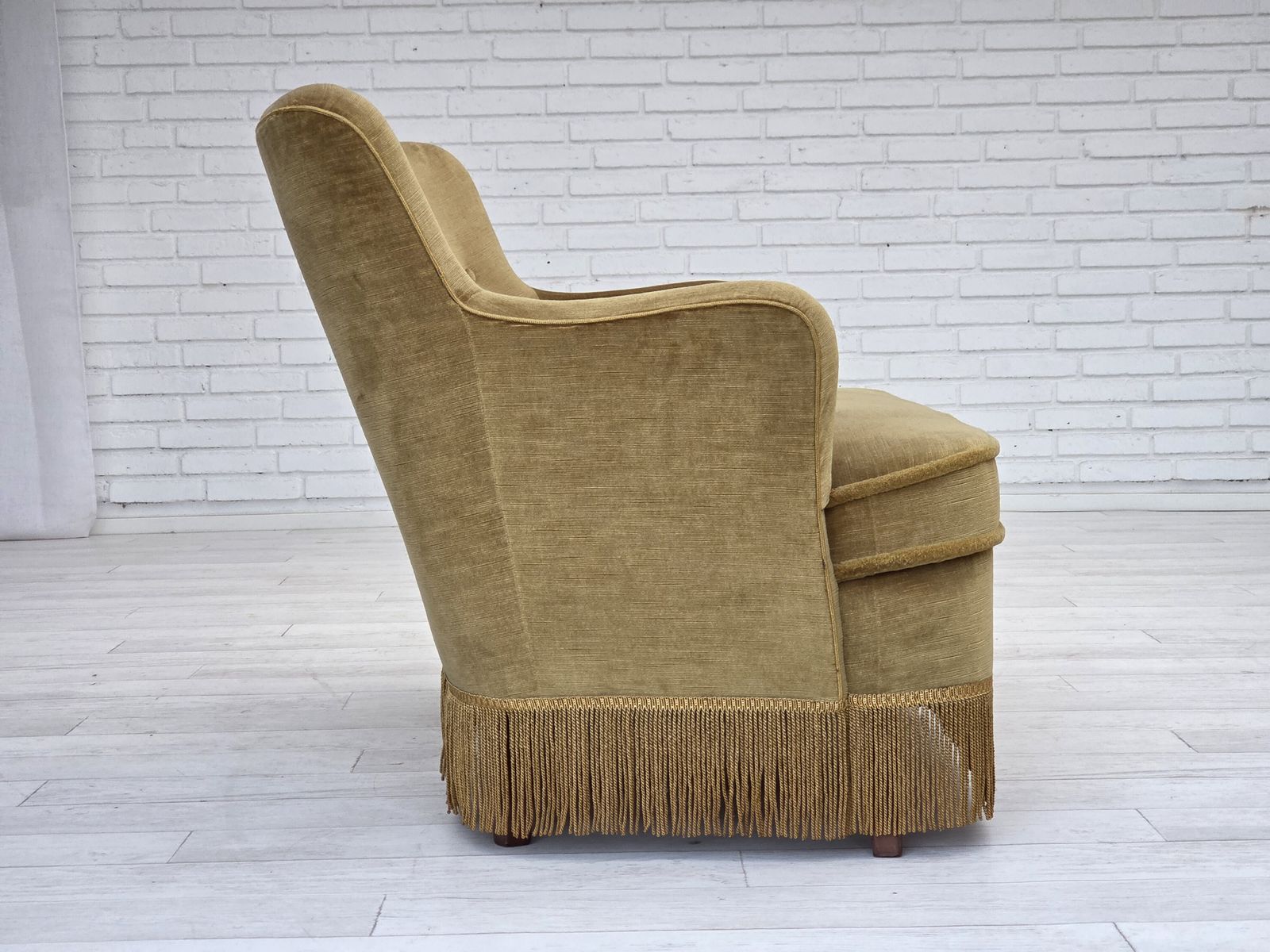 1970s, Danish 2 Seater Sofa, Original Light Green Furniture Velour, Beech Wood. photo furniture