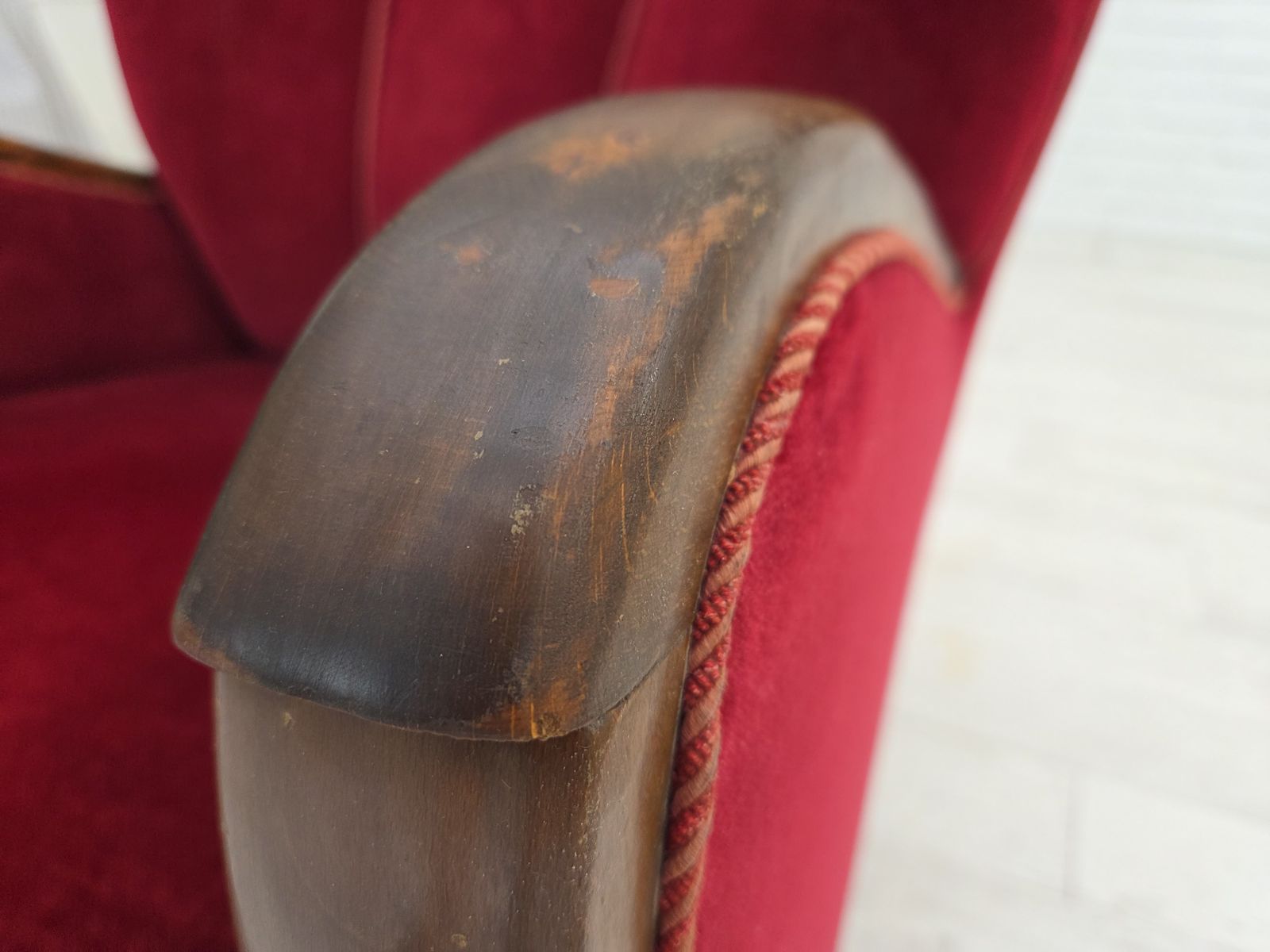 1950s, Danish Relax Armchair, Cherry Red Furniture Velour, Dark Beech Wood. photo vintage