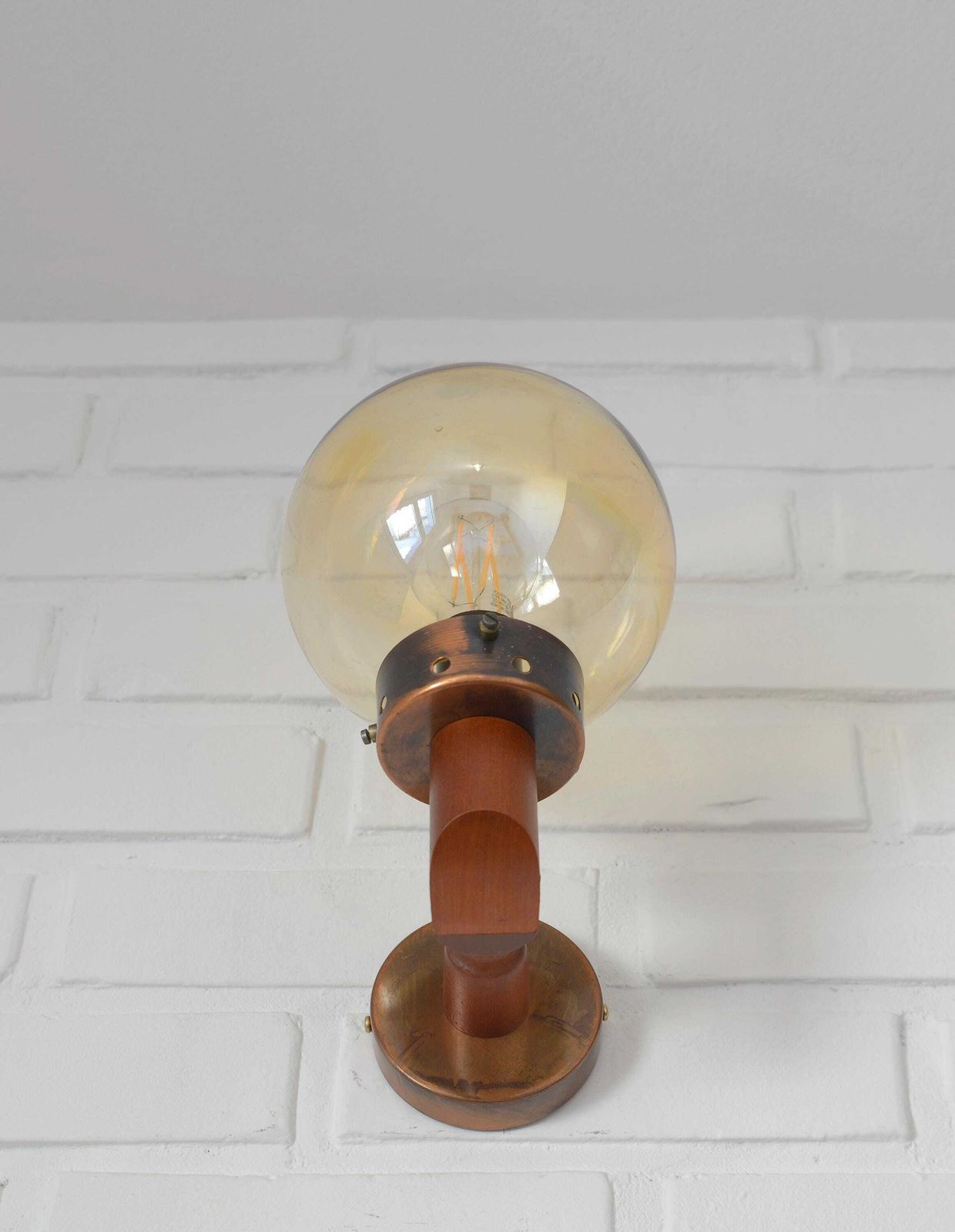 1 Of 6 / Vintage Wall Lamps / Light Fixtures / Rustic Sconces / Wood And Copper / Yugoslavia 1980's / Flush Mount Lights / Amber Glass photo vinterior