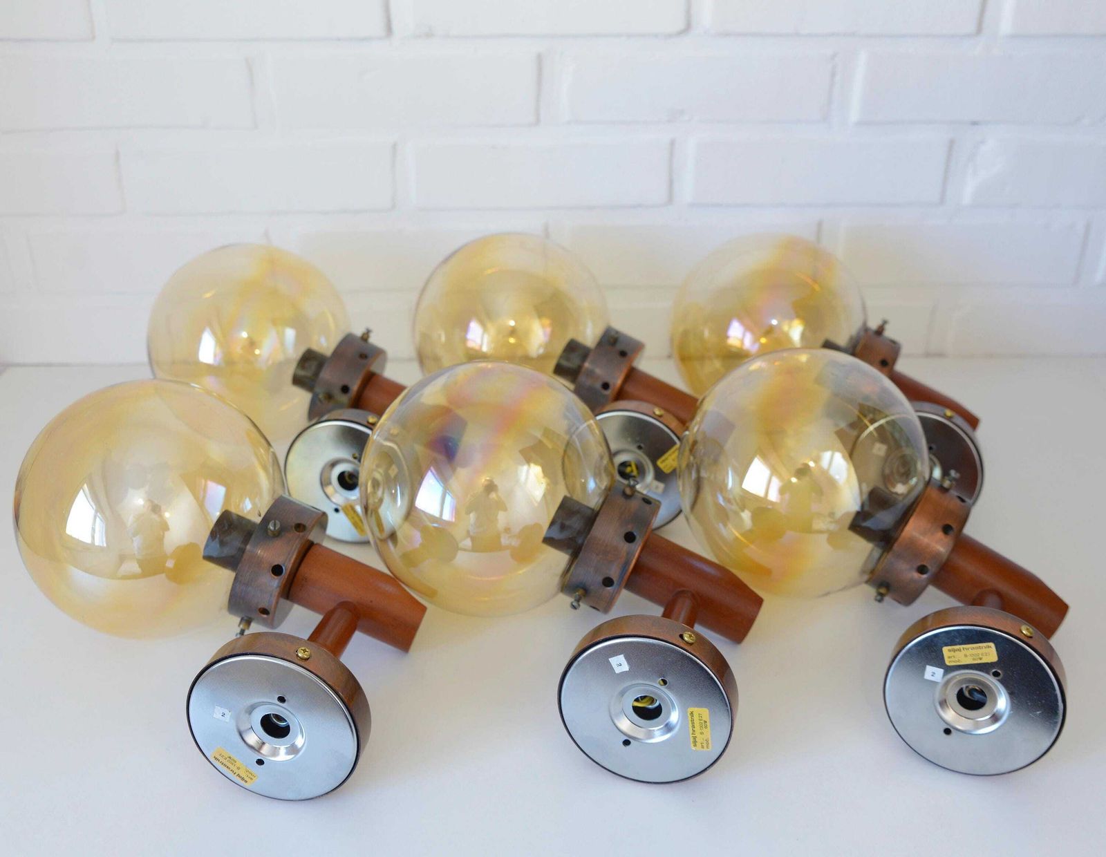 1 Of 6 / Vintage Wall Lamps / Light Fixtures / Rustic Sconces / Wood And Copper / Yugoslavia 1980's / Flush Mount Lights / Amber Glass photo vintage