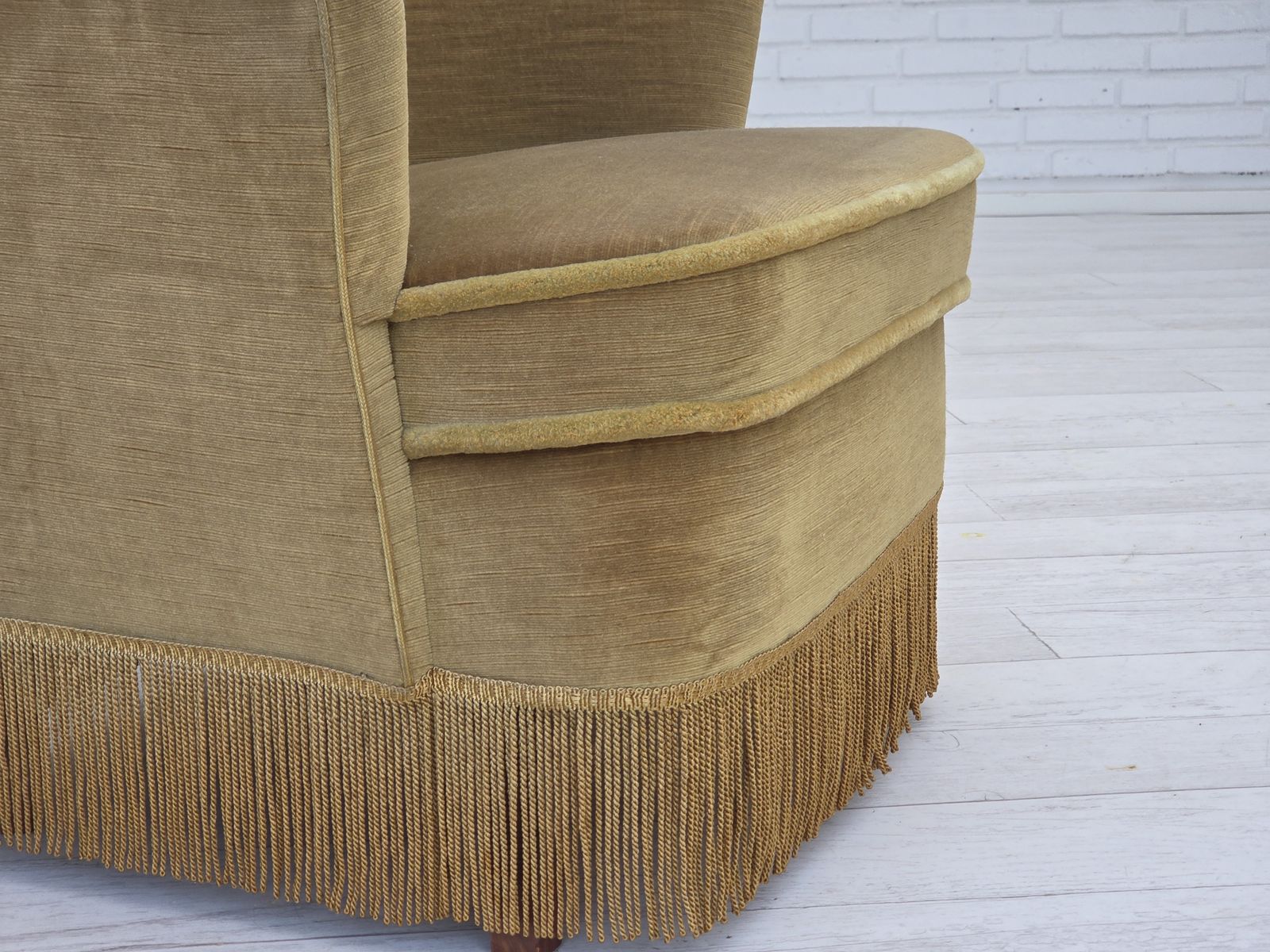 1970s, Danish Highback Armchair, Original Light Green Furniture Velour, Beech Wood. photo Furniture
