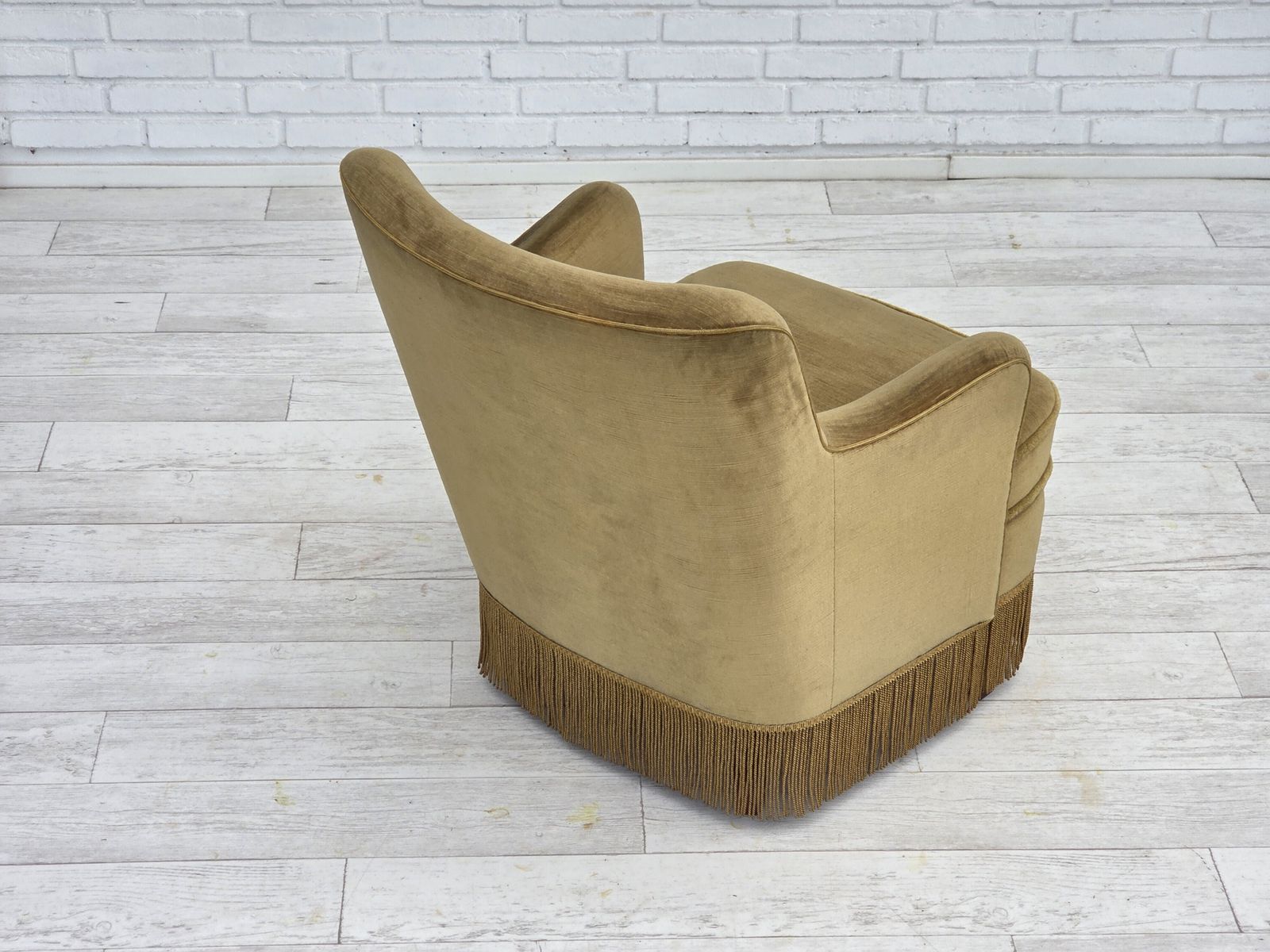 1970s, Danish Lounge Chair, Original Light Green Furniture Velour, Beech Wood. photo vinterior