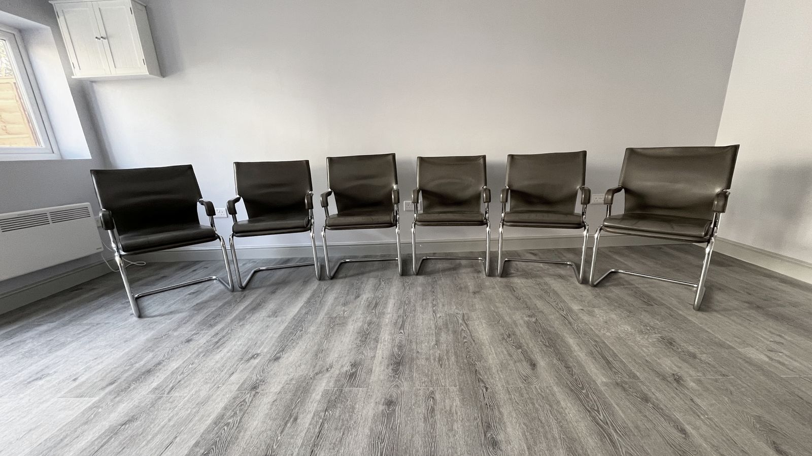 Set Of 6 Iconic Uno Chairs In Hand Stitched Heavy Grey Leather On Tubular Chrome Metal Cantilevered Frames. photo furniture