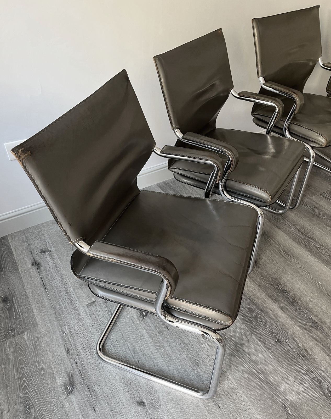 Set Of 6 Iconic Uno Chairs In Hand Stitched Heavy Grey Leather On Tubular Chrome Metal Cantilevered Frames. photo buy