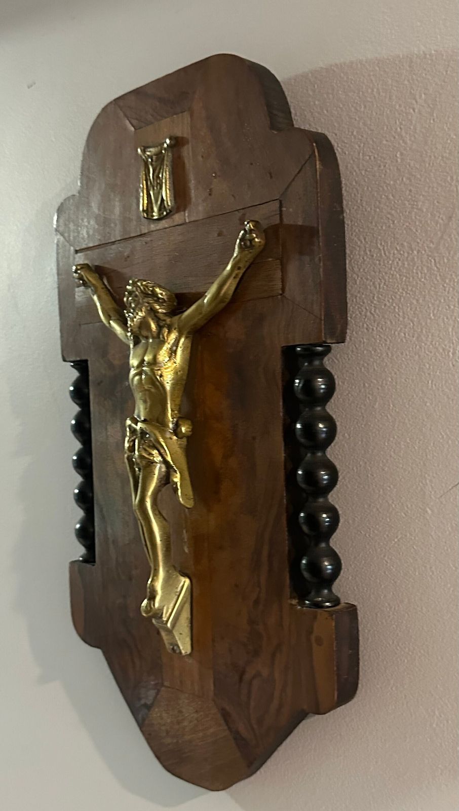 Antique Wooden Walnut Veneer And Brass Crucifux Plaque Wall Hanging photo furniture