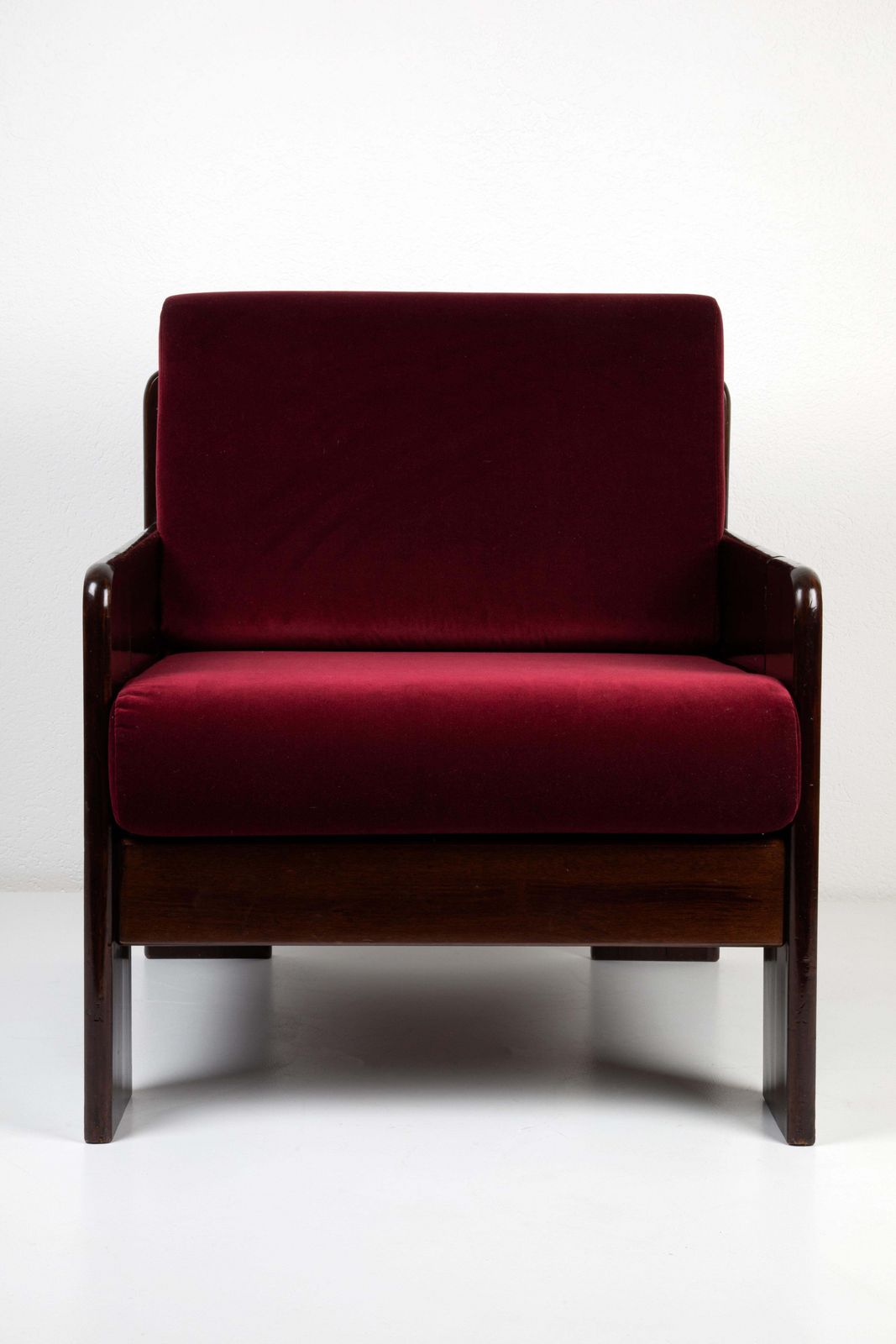 Mid Century Modern Four Armchairs Wood Dark Red Velvet Fabric photo furniture