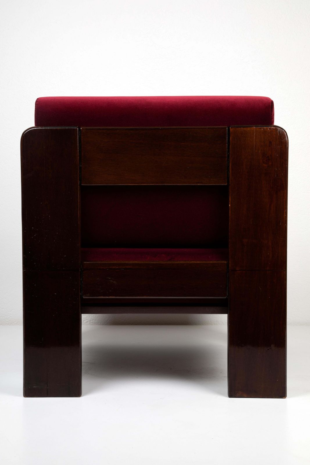 Mid Century Modern Four Armchairs Wood Dark Red Velvet Fabric photo Furniture