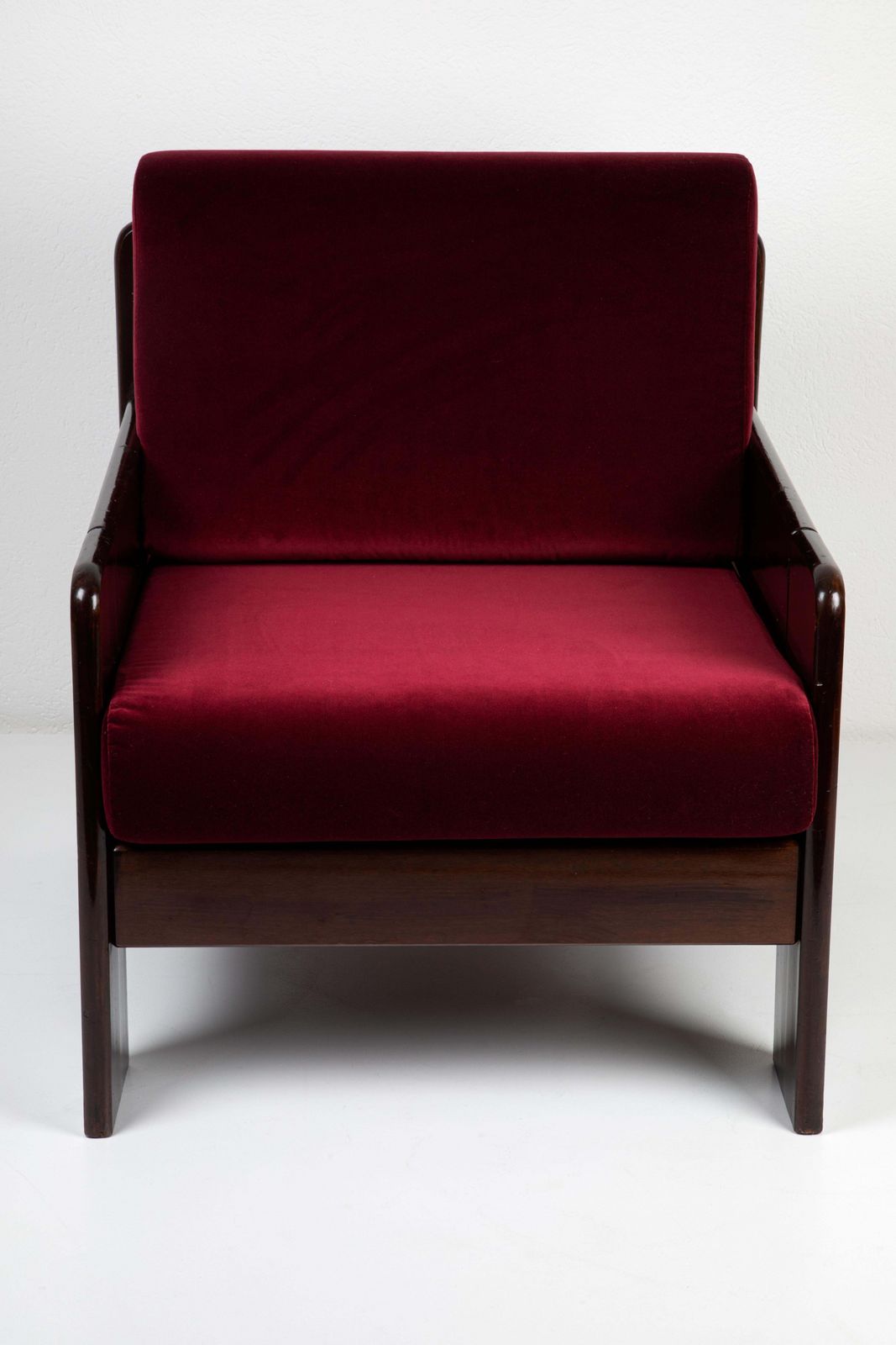 Mid Century Modern Four Armchairs Wood Dark Red Velvet Fabric photo buy