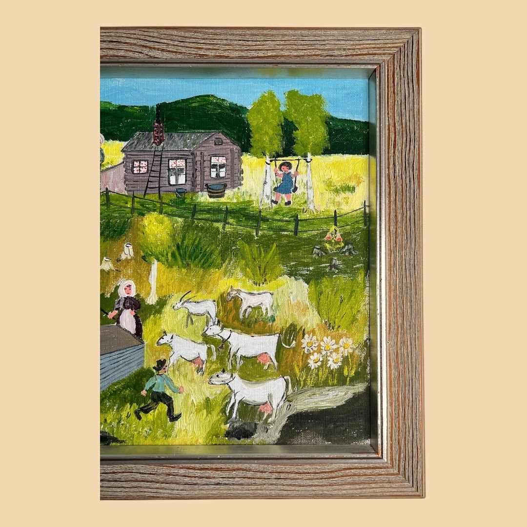Farm In The Naïve Style, Oil On Canvas Landscape Painting photo furniture