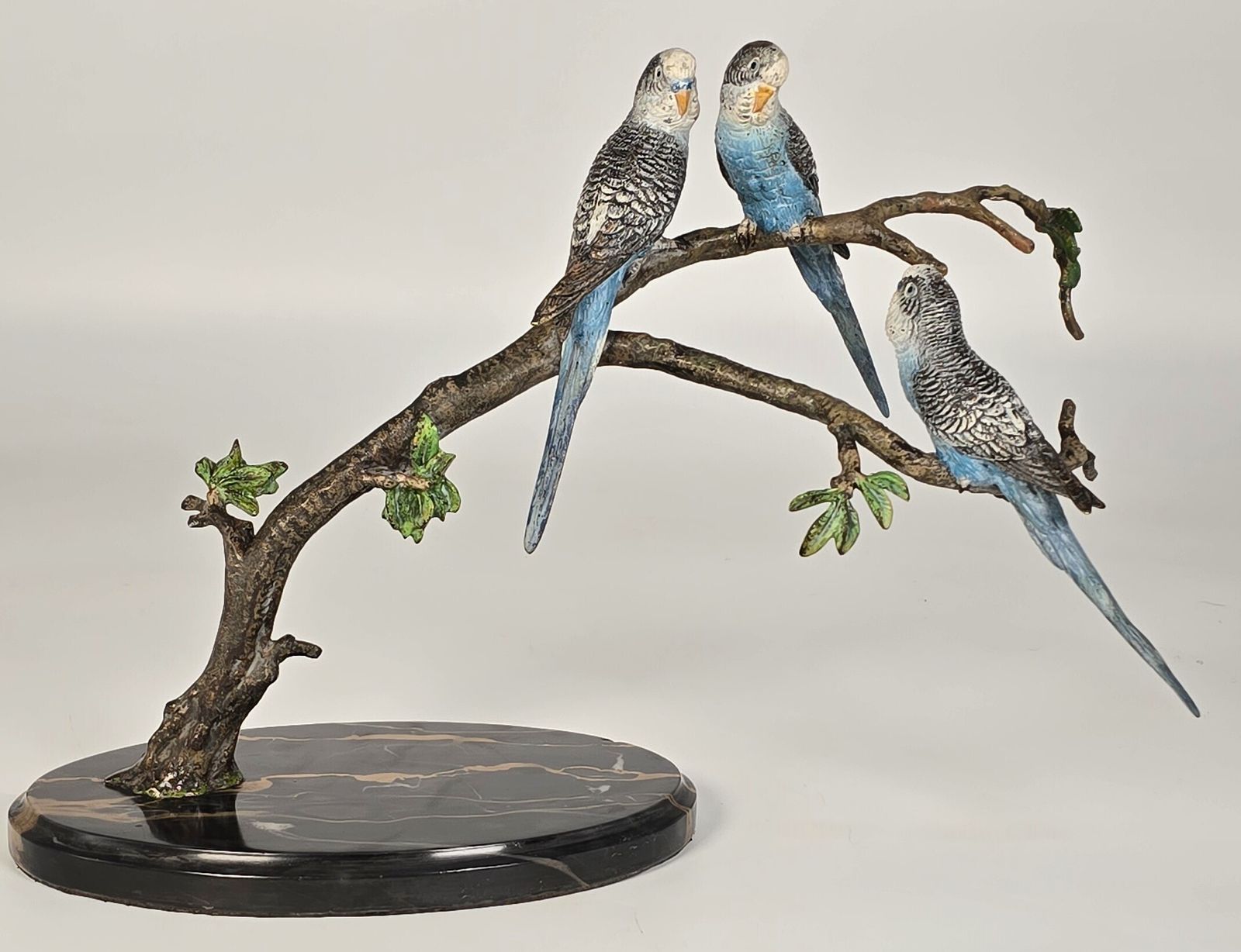 Vintage Austrian Cold Painted Bronze Study Of Three Budgerigars Perched On A Leafy Branch. photo 1694.99