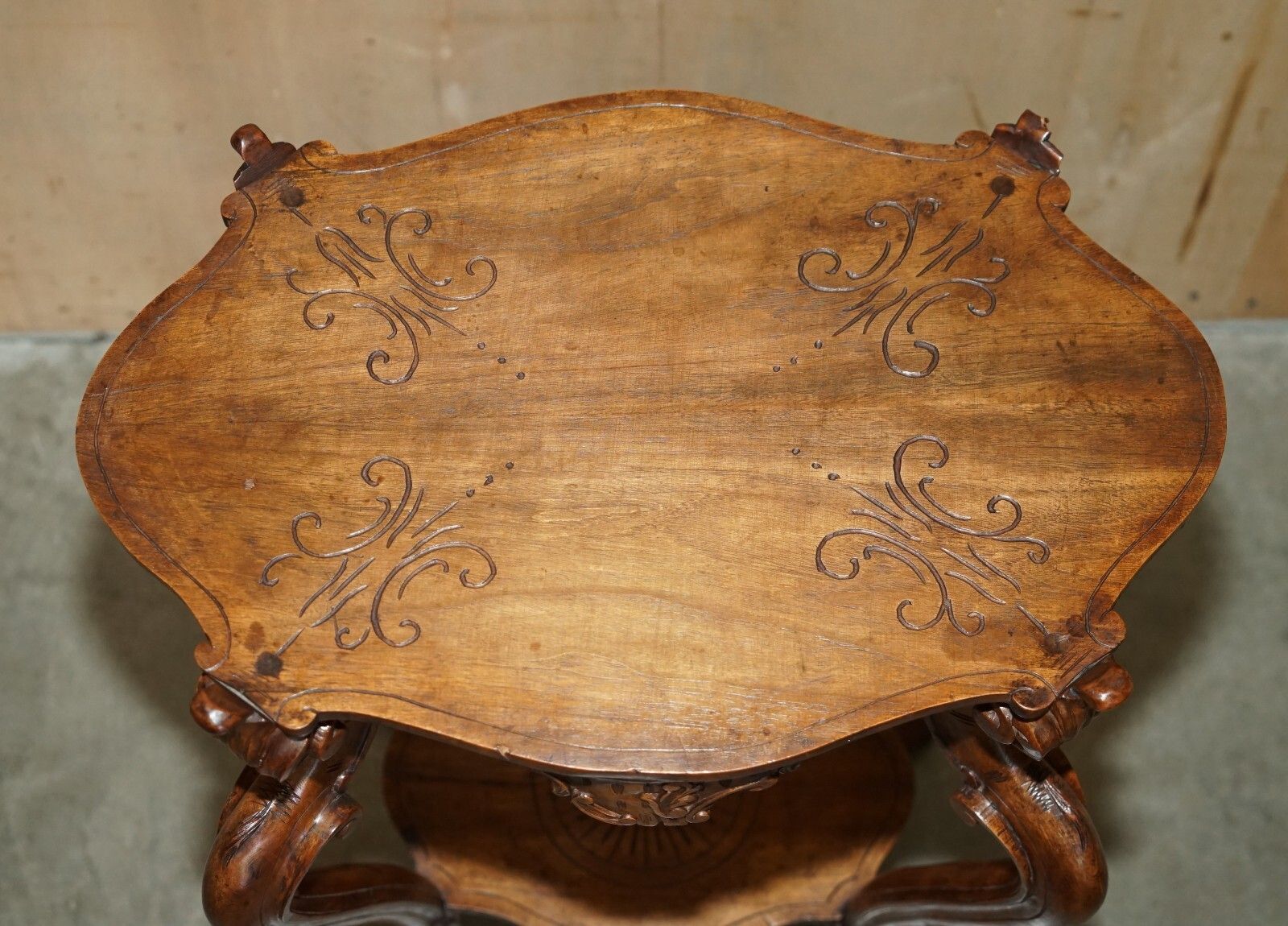 Furniture Antique French Hand Carved Tea Silver Tray Table With Removable Serving Tray Top photo