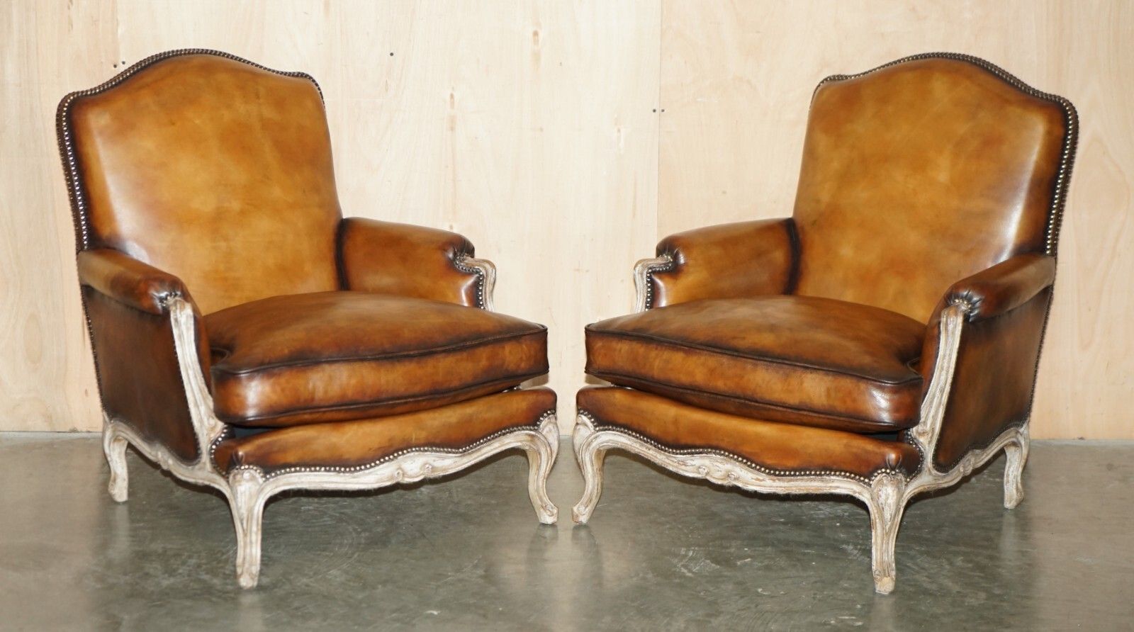 Restored Pair Of Antique Original Paint Brown Leather French Louis XV Armchairs