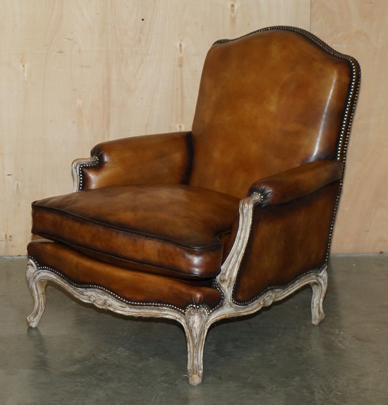photo vintage Restored Pair Of Antique Original Paint Brown Leather French Louis XV Armchairs