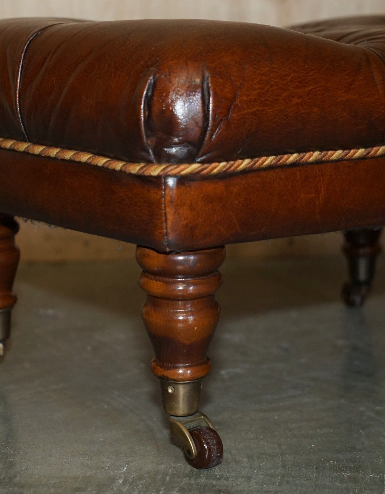 Pair Of Restored Brown Leather Chesterfield Tufted Porcelain Castors Footstools photo buy