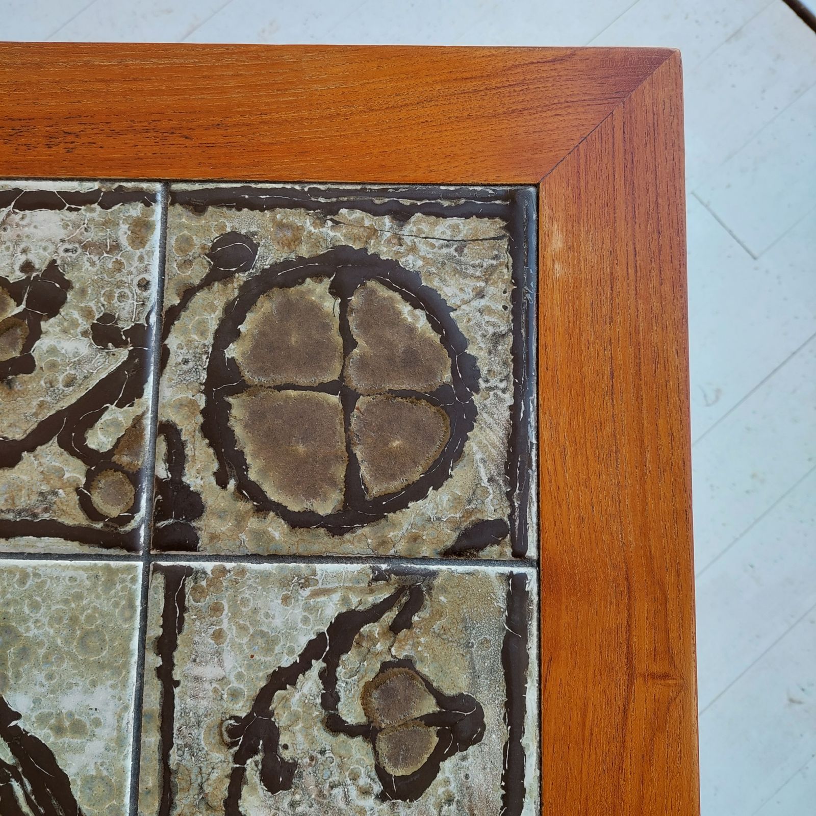 photo for sale Mid Century Danish Ceramic And Teak Coffee Table By Ox Art For Trioh, 1970s