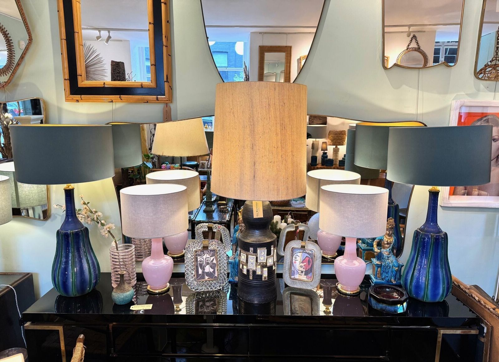 A Stunning Large Pair Of 1980s Italian Blue And Green Ceramic Lamps With Bespoke Linen Shades photo Lighting