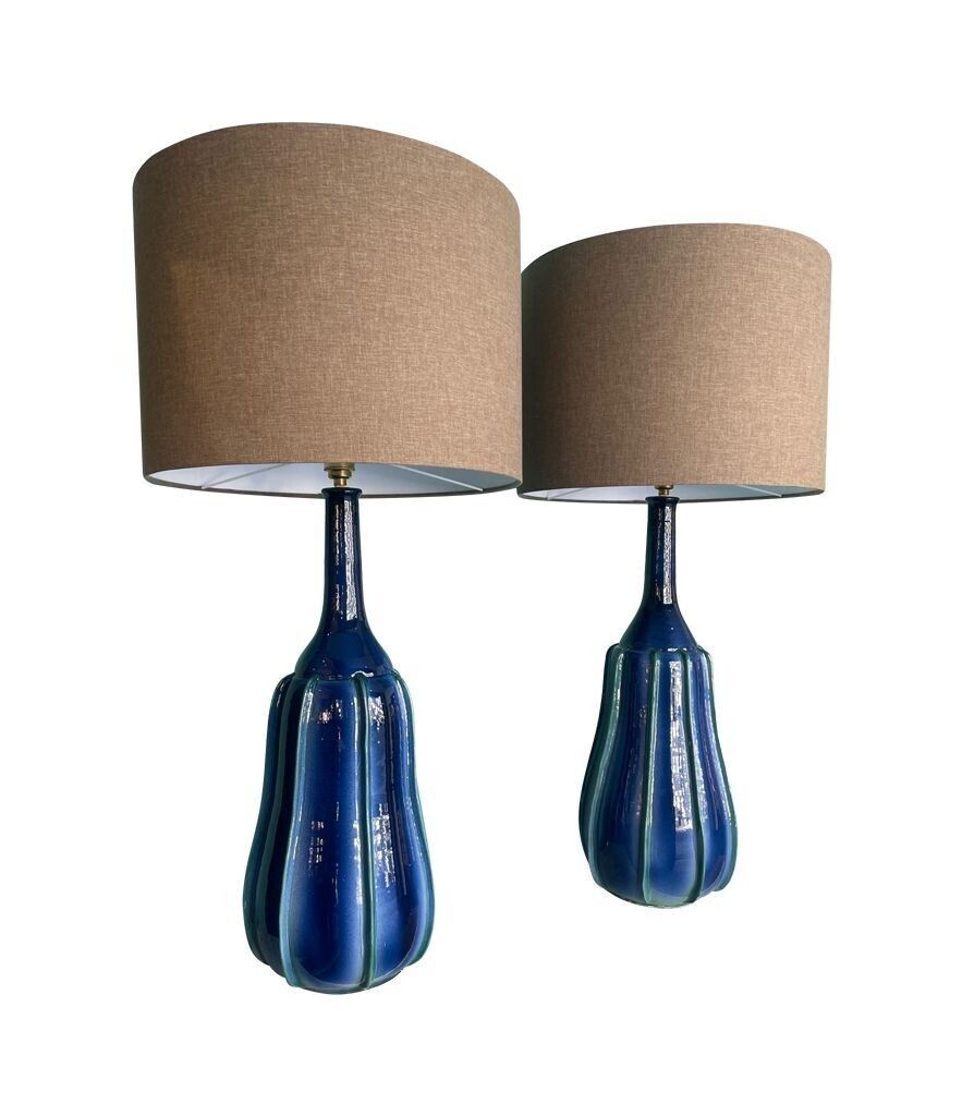 Lighting A Stunning Large Pair Of 1980s Italian Blue And Green Ceramic Lamps With Bespoke Linen Shades photo