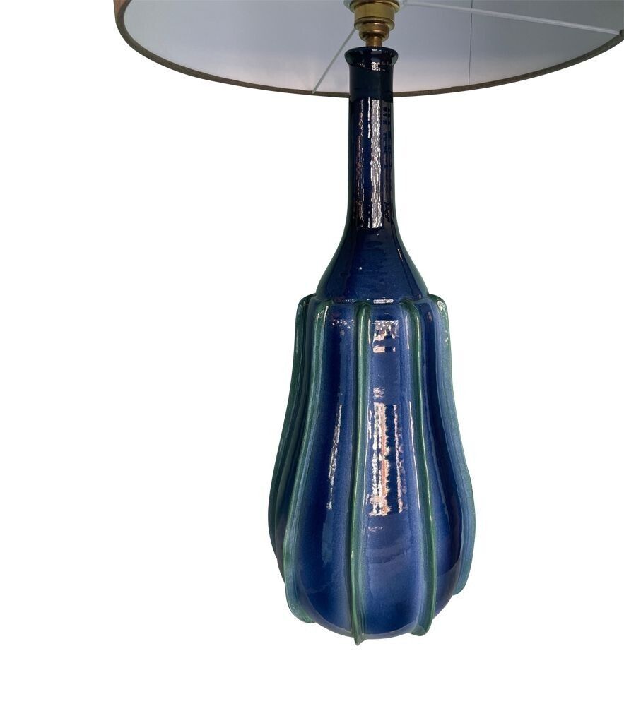 1650.0 A Stunning Large Pair Of 1980s Italian Blue And Green Ceramic Lamps With Bespoke Linen Shades photo