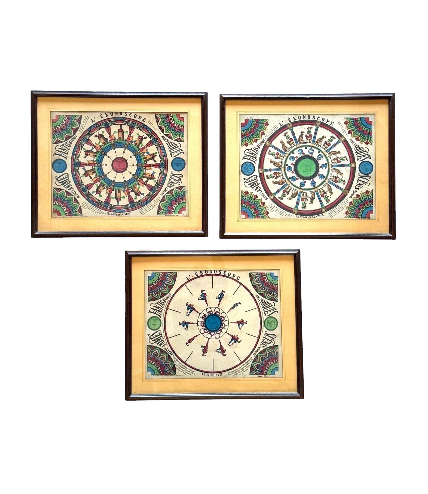 L'ekonoscope, Set Of 3 Framed Original Phenakistoscopes, France Epinal, XIX Cent. photo furniture