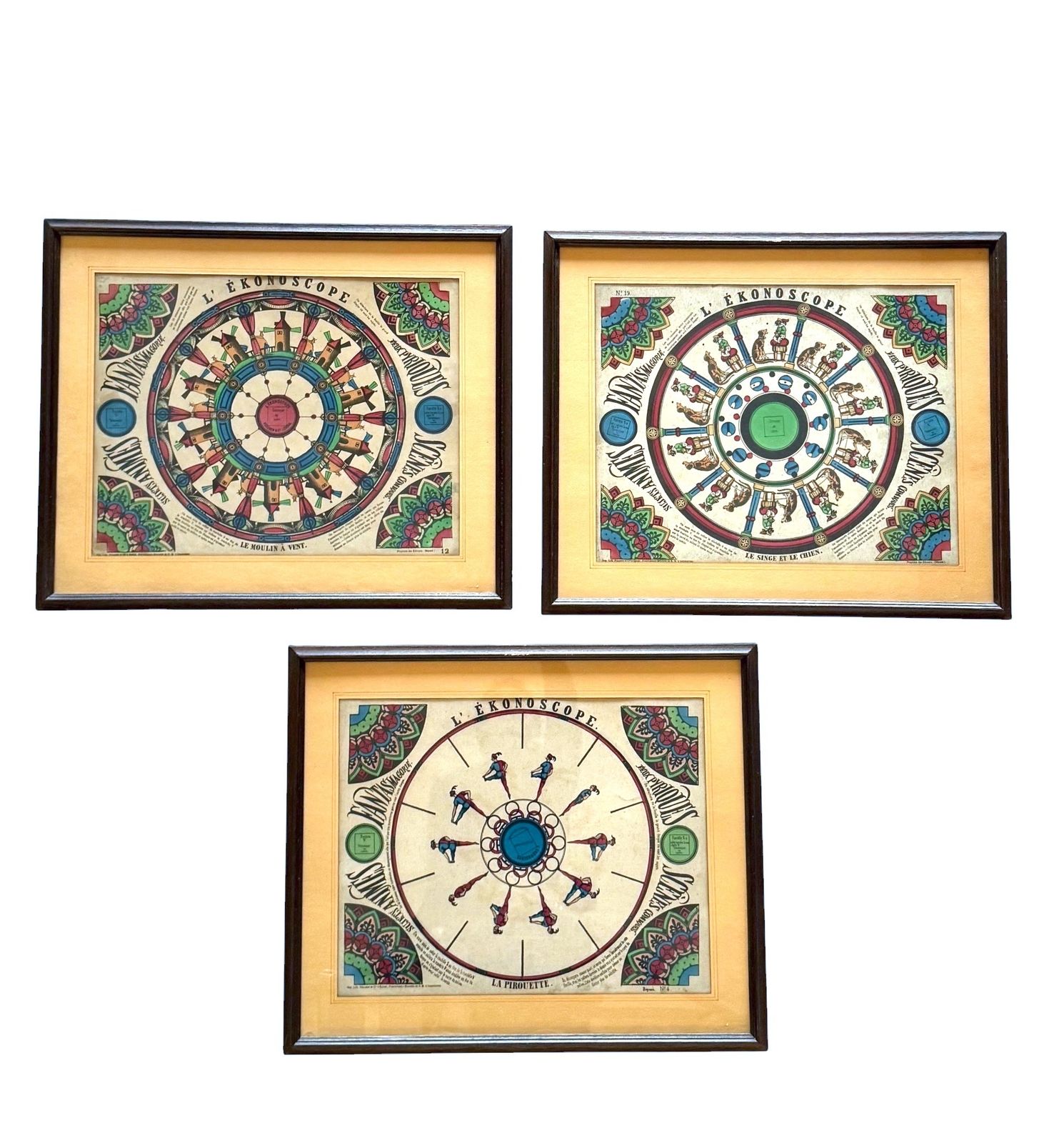 L'ekonoscope, Set Of 3 Framed Original Phenakistoscopes, France Epinal, XIX Cent. photo Art