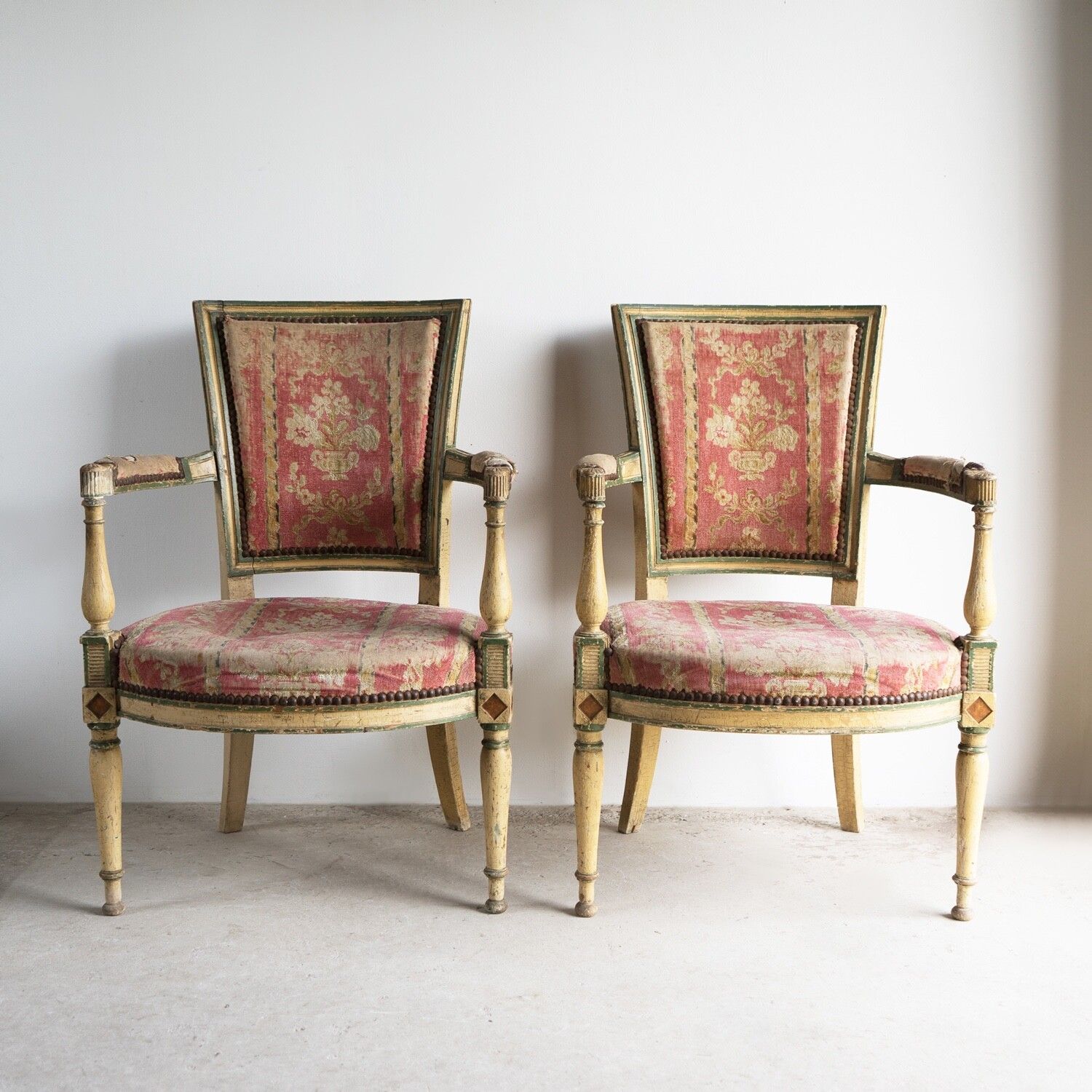 Pair Of Antique French Directoire Period Painted Armchairs, Late 18th Century