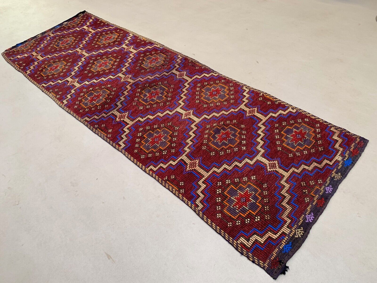 Old Turkish Kilim Runner 290x94 Cm, Shabby Chic, Vintage Kelim Red Black photo Textiles