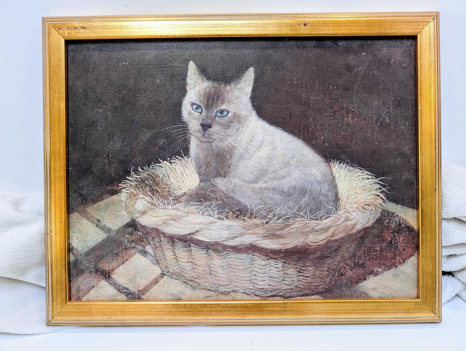 Original Vintage Acrylic On Canvas Painting Unsigned Of A Siamese Cat In Basket