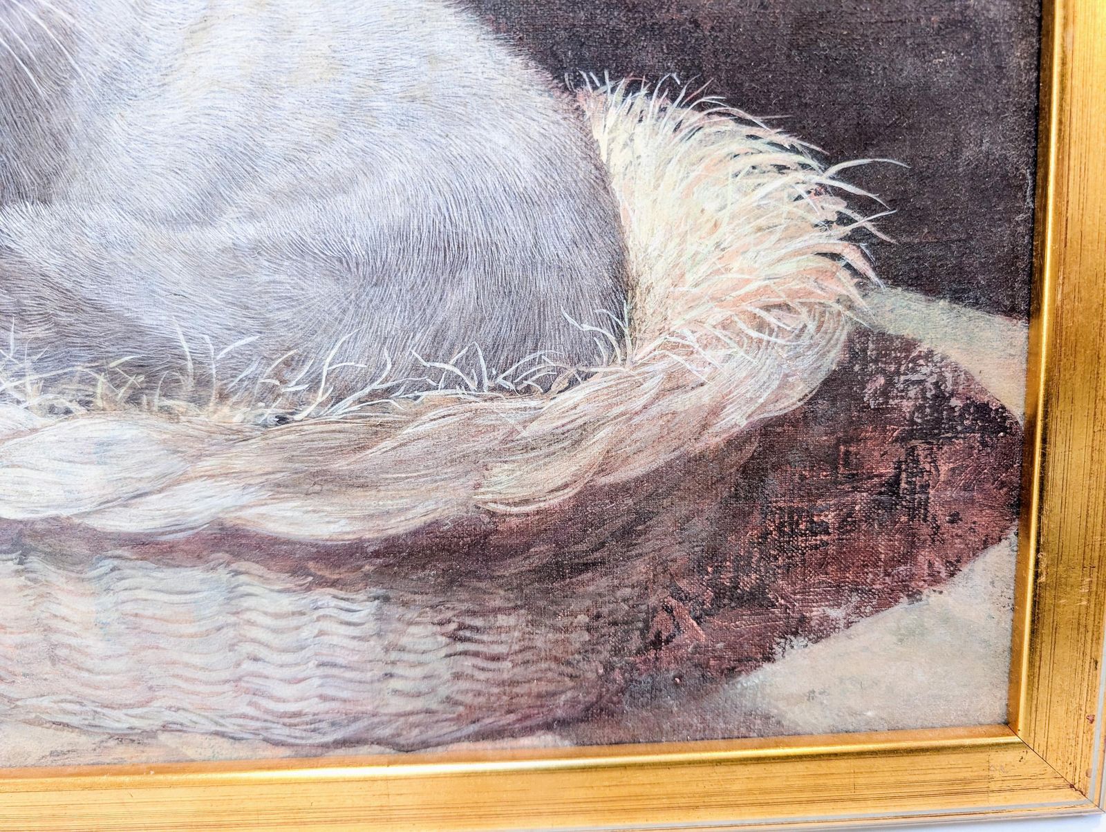Original Vintage Acrylic On Canvas Painting Unsigned Of A Siamese Cat In Basket photo vintage