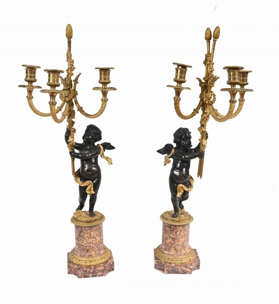 Pair French Bronze Cherub Candelabras Clodion