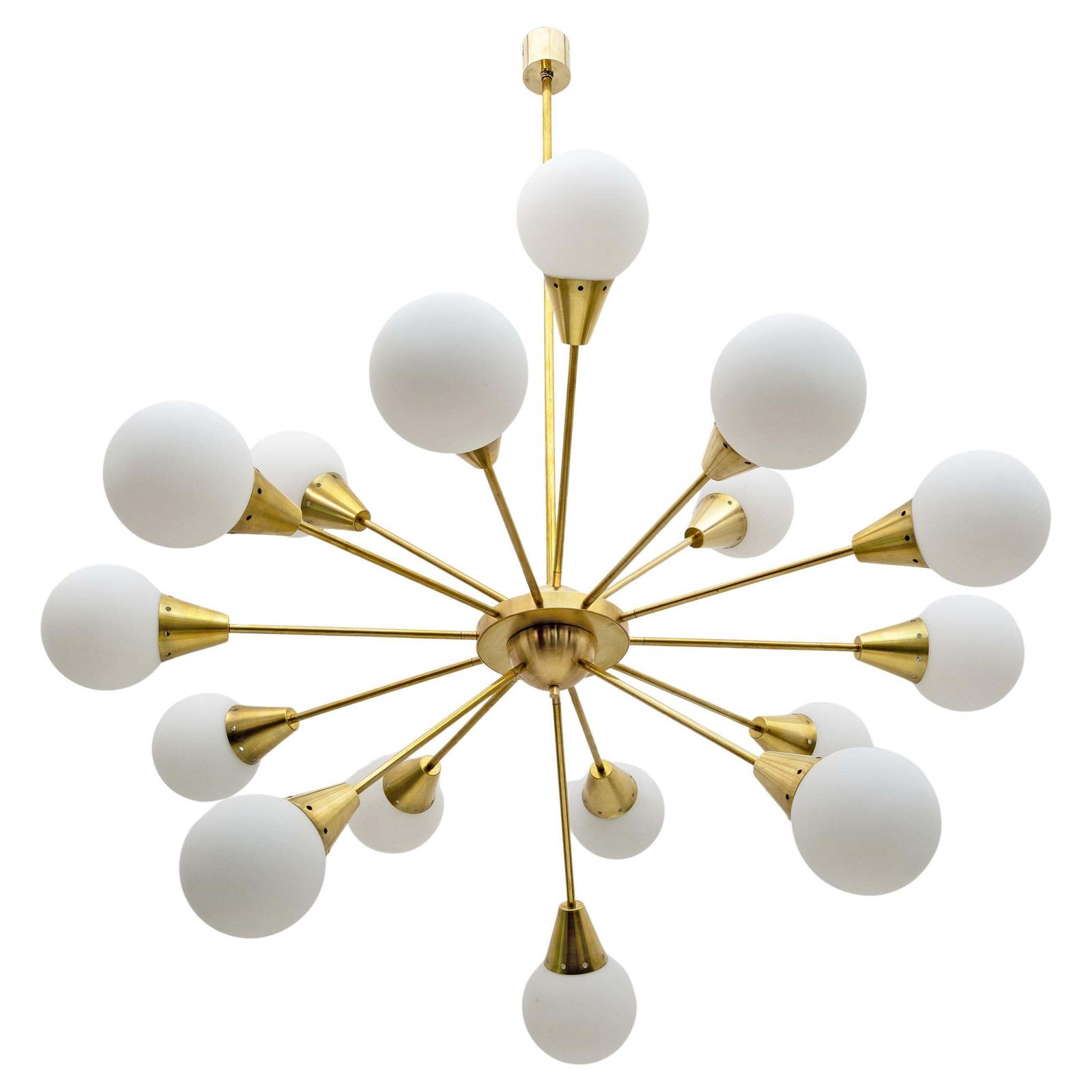 Mid Century Modern Italian Brass And Glass Opaline Large Sputnik Chandelier, 70s
